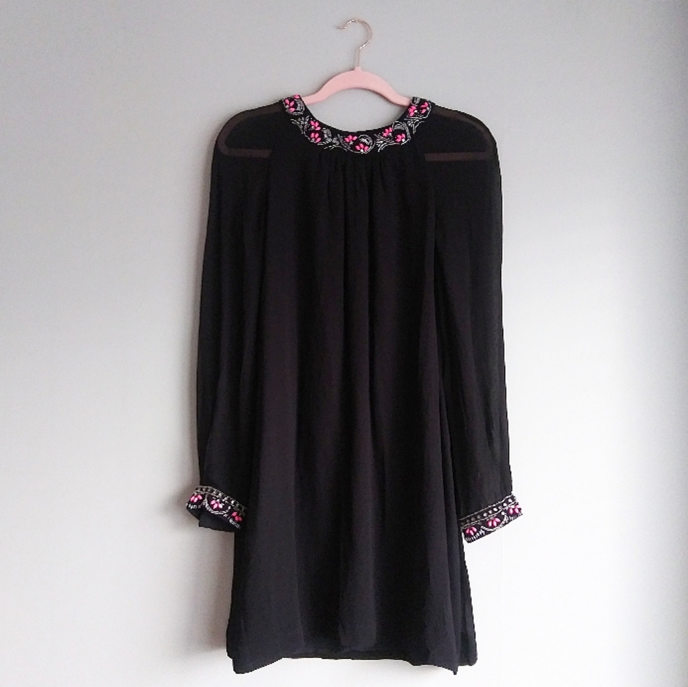 French Connection Rhinestone and Sequin Collar Cocktail Long Sleeve Dress